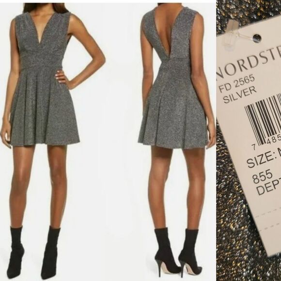 $99 NEW M Fraiche by J black metallic deep v neck twirl holiday dress medium NWT - Picture 1 of 10